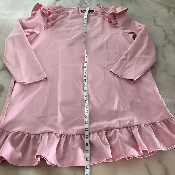 ZARA Bubblegum Pink Ruffle Hem & Shoulders Mini Dress Long Sleeve Sz L - Picture 15 of 16
